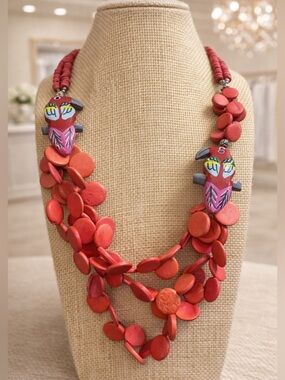 Vintage Red Parrot Hand Carved Wood Painted Bird Statement Cocktail Fashion